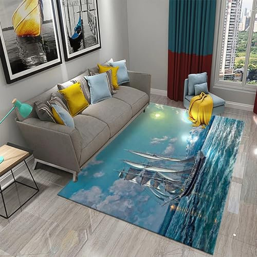 3D Ölgemälde Segelboot Sonnenuntergang Meereslandschaft Landschaft Teppich Kinder Jungen Kinderzimmer Gaming Teppich Schlafzimmer Dekoration Wohnzimmer Kurzflor Krabbelmatte Modern Weich Kinde -3M0U1R