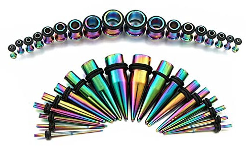 Epinki Piercing Schmuck, 28Pcs Tunnel Dehnstab, Edelstahl Tunnel Ohr Kegel Bunt Ohrringe Stecker