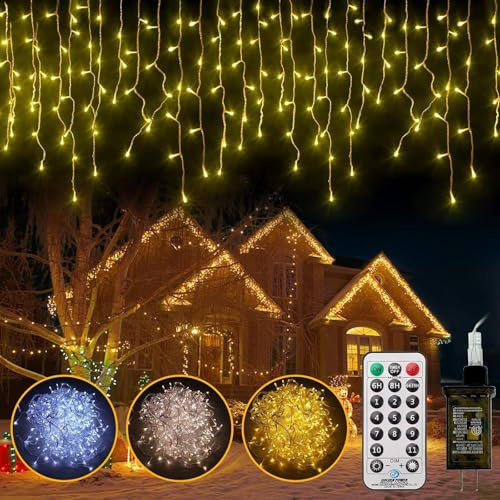 33FT Icicle String Lights (Warm White and Cool White) for Outdoor 352 LED 11 Modes Christmas Decorations Curtain Fairy String Lights with 64 Drops Remote Control for Wedding Party Holiday Decor
