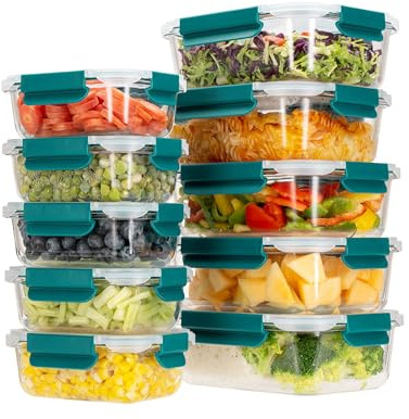 HOUSZY Meal Prep Containers, Glass, Set of 10, Green, Lids, Leakproof | Borosilicate rectangular glass, oven and freezer safe. Dishwasher safe. Food storage.