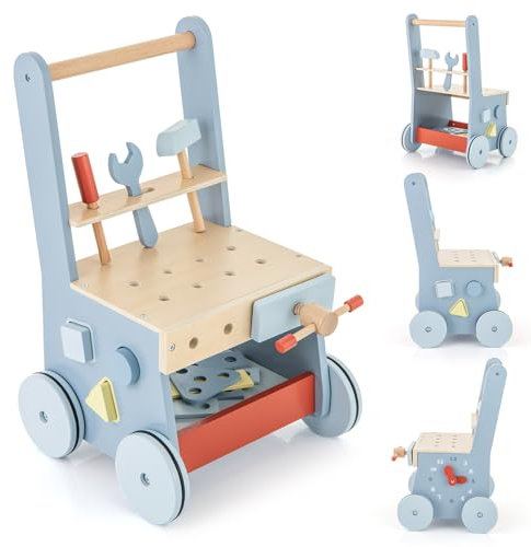 DREAMADE 2 in 1 Lauflernwagen aus Holz, mini-Werkzeugbank mit Rädern, Lauflernhilfe für Mädchen und Jungen, Montessori-Lernspielzeug (Modell 1-Blau)