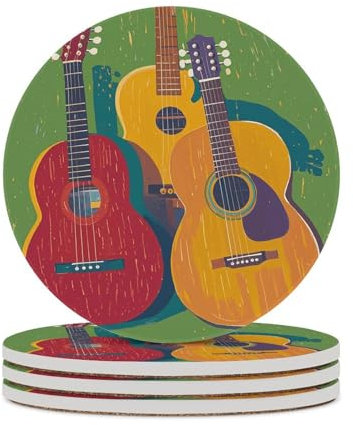 Runde Untersetzer, Set mit 4 farbigen Akustik- und Gitarren, bedruckte Keramik-Untersetzer mit Korkboden, Getränkeuntersetzer für Tischschutz, Couchtischdekoration, ideal für Heimdekoration, Haus