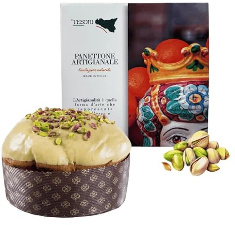 Tesori di Sicilia Panettone Artigianale Tradizionale al Pistacchio di Sicilia, Scatola A donna Lisabetta, Panettone a lievitazione Naturale 1Kg, Idea Regalo Natale