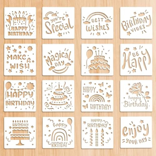 16 Stück Schablonen Malen Happy Birthday, 15 x 15 cm Malschablonen Wiederverwendbare Kuchenschablonen Zeichnungsvorlagen zum Malen, DIY Geburtstagsfeier Vorlagen Dekor