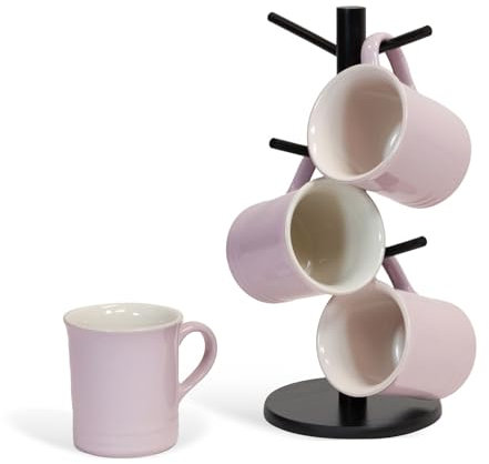 Le Creuset 14oz 4 Mug Set and divvi! 6-Cup Mug Tree Bundle - Shallot