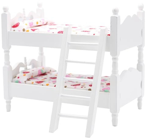 Wedhapy Puppen-Etagenbett Puppenhausbett aus Holz im Maßstab 1:12 mit Leiter und geblümter Bettwäsche DIY realistisches Puppenbett Puppenhausmöbel für Puppenhaus weißes Puppenhausbett