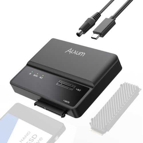 Alxum M.2 NVMe & SATA Adapter USB-C 10Gbps für M.2 SSD & 2.5/3.5 HDD/SSD | 2-in-1 M.2 NVMe & SATA gleichzeitig, Open Design für alle M.2 Größen. LED-Statusanzeige. Ideal für Windows, Mac, Linux.