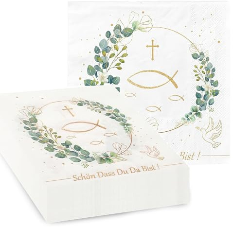 40 Stück Party Servietten, 'Schön, dass du da bist!', Tischdeko Servietten mit Sprüchen, Kommunion Dekoration für Taufe, Konfirmation oder andere festliche Anlässe, 33 x 33cm
