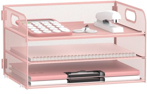 SUPEASY 3-Tier Papier Organizer mit Griff, Mesh Schreibtisch Organizer Brief Tray, Papier Tray Organizer Datei Organizer für A4 Datei Ordner, Rosa