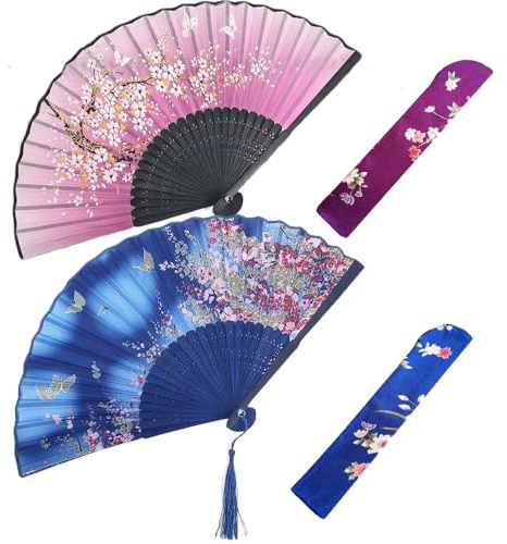 Belegao 2PCS Folding Hand Fans with Pouch and Tassel Elegant Hand Fans | Bamboo Silk Fabric, Portable Handheld, Fan Chinese Fans, for Cooling, Birthday Gifts, Cosplay Party, Prom, Performance Daily