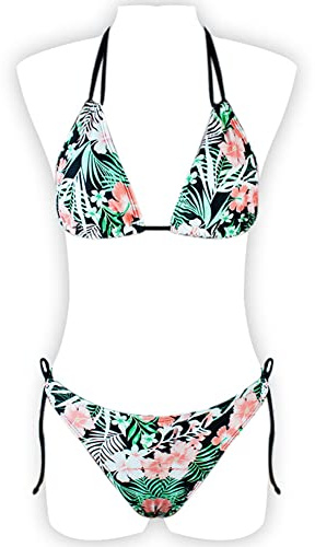 Bikini con fiori tropicali, top a triangolo con allacciatura al collo, slip perizoma con laccetti, verde/rosa, verde, C