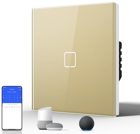 BSEED Interruptor Táctil de Pared Inteligente,Panel de Cristal,Pulsador con Pilotitos LED,Fáciles de Limpiar,E-Series,1 Gang 1 Vía,86mm Oro