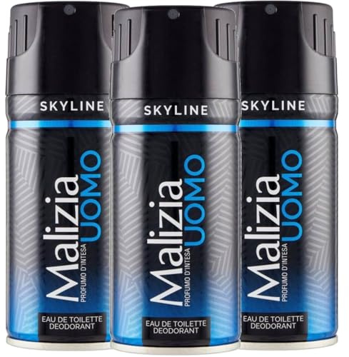 Malizia Uomo Profumo d’Intesa Deodorante Spray 150 ml – Eau de Toilette Maschile, Fragranza Intensa e Duratura, Freschezza per Tutto il Giorno (Skyline 3 Unità)