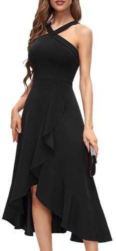 XFSRG Vestito Donna Maxi Lunga Senza Maniche Sexy Schiena Scoperta Abiti Orlo a Volant Elegante Avvolgente da Sera Cocktail Party(Nero/M)