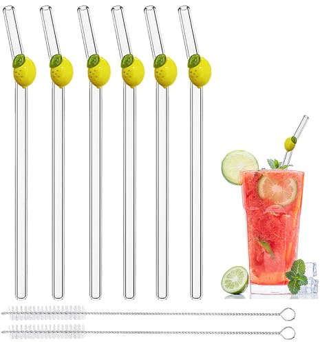 Reusable Glass Straws with Charms, 7.9'' x 8mm Clear 8pcs Drinking Straws | 6 bent straws & 2 cleaning brushes, yellow lemon charm, borosilicate glass, decorative charms for coffee milk juice cocktails