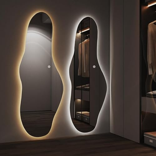 WDWRITTI Ganzkörperspiegel mit Beleuchtung 165x50cm, LED Standspiegel 3 Lichtfarbe Dimmbare 3000-6500K, Unregelmäßiger Lichtspiegel mit Touch Schalter