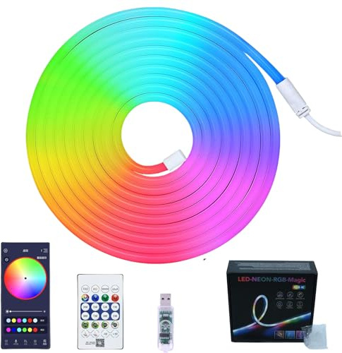 Tira LED de neón 5m RGB, impermeable IP67 flexible con mando a distancia y control por APP, ideal para dormitorio, salón jardín bar fiestas cumpleaños y decoración navideña