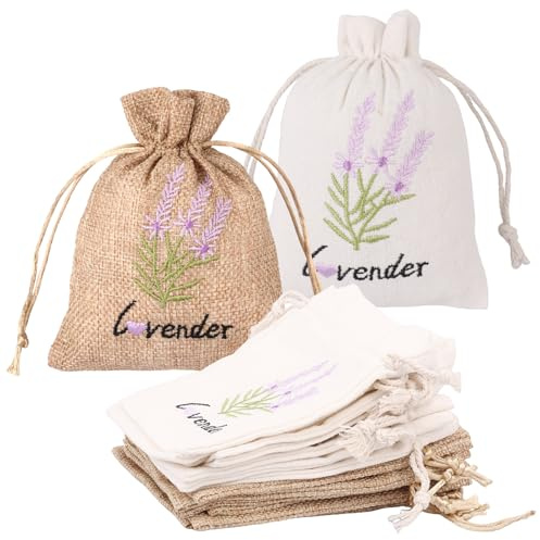 HAIJED Lavender Bags, 16 Pack Empty Lavender Bags for Wardrobes, Drawers, Linen Drawstring Storage Bag for Spices, Dried Flowers, and Herbs, 10 x 14 cm