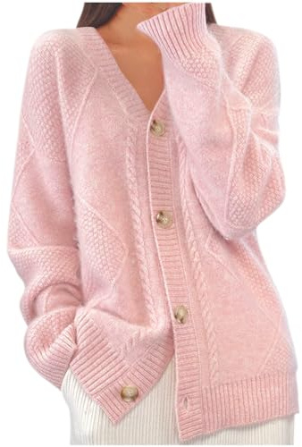 AnnSemo Women's Cotton Cardigans Soft Cosy Button Down V Neck Cardigans for Women UK Long Sleeve Casual Knitted Sweater Ladies Long Sleeve Jumper Plain Outerwear
