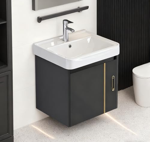 HILIVESVALUE 17-inch Grey-Gold Floating Mini Bathroom Vanity Unit with Sink Basin Set,Wall-Mounted Washbasin Vanity Unit for Bathrooms