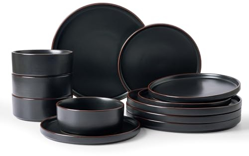 Richmount Halo Plates and Bowls Set, 12 Pieces Dinner Set for 4, Stoneware Dinnerware Sets with Dinner Plates/Salad Plate/Cereal Bowls, Dishwasher & Microwave Safe, Black