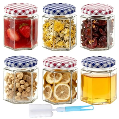 Siocok 6 Glass Clear Jars 280ml 9oz Hexagonal Screw Top Glass Jam Jars, Red and Blue Lid, Perfect for Kitchen Spices, Honey, Sweets, Gingham, Pickle, Jam