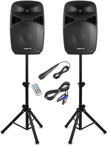 Vonyx VPS152A 15 Active PA DJ Speakers with Bluetooth, Speaker Stands & Wired Microphone - 500W RMS Powered System with Active/Passive Pair, Ideal for Parties & Beginner DJs