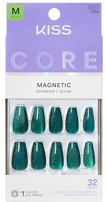 KISS CORE Magnetic Press On Nails, ‘Shimmering’, Green, Medium Coffin, 32 Count