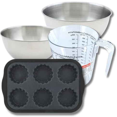 Zenker 9377750 Set à Pâtisserie Moule à Tartelettes 28 x 18 cm, Silicone Fibre de Verre, Mini Tartes, Petites Quiches, 2 Bols Inox 20,5 et 25 cm, Verre Mesureur Plastique 1 L, Spatule, Noir