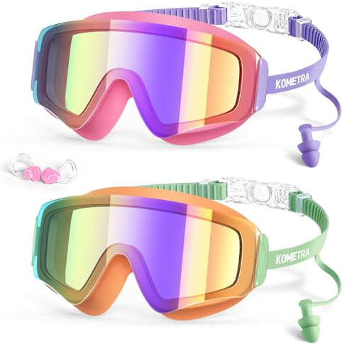 KOMETRA 2 Pack Kids Swim Goggles for 6-14 3-15 3-6 4-7 8-12 8-14, Anti Fog UV Protection Pool Water Swimming Goggles Wide View Kids Goggles for Boys Girls Youth Toddler Child Soft Silicone Leakproof