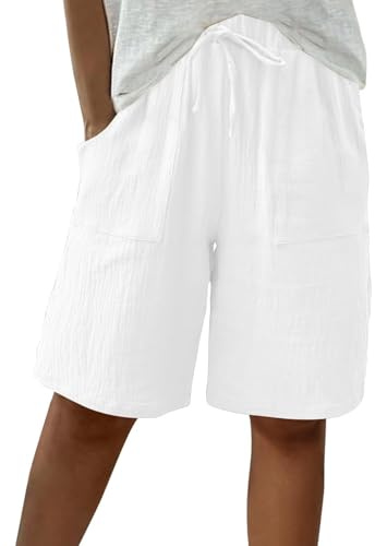 HOOUDO 2 in 1 Running Shorts Women Knee Length Bermuda Summer Shorts Baggy Straight Wide Leg Ladies Short Pants Casual Drawstring Tracksuit Bottoms White