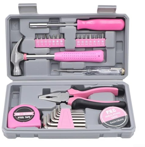 Pink Tool Set, 29-in-One Pink Toolbox Compact Reliable Tools for Home DIY, Ladies Tool Kit with Storage Case