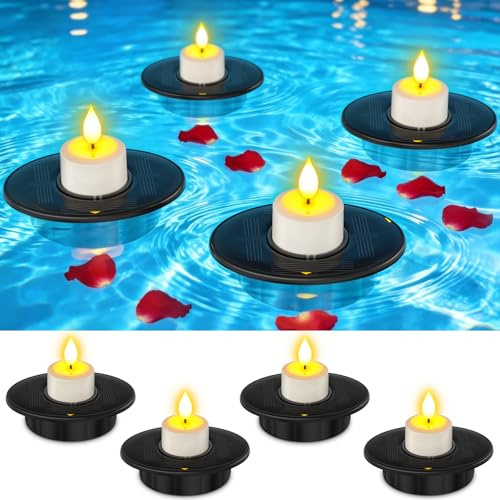 Ymenow 4pcs Solar Floating Pool Lights for Hot Tub Pond Decor | Flameless Flickering Tea Lights Candles, IP68 Waterproof, Dusk to Dawn Sensor, Energy-Saving Solared Powered, Warm White