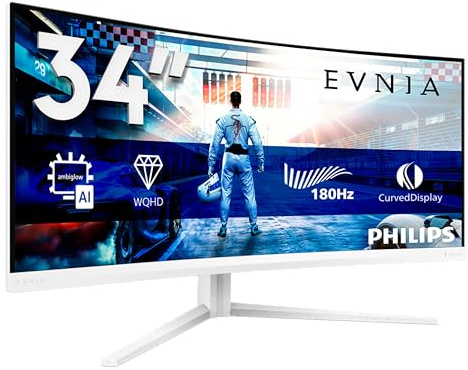 Philips Evnia 34M2C5691QA 34 UW-QHD Gaming Monitor Curved, 200Hz, Fast VA Panel, 1ms GtG, Adaptive Sync, HDR10, FreeSync Prem. Height Adjustment, Speakers(3440x1440 HDMI 2x 2.0 DP1x 1.4 USB Hub)White