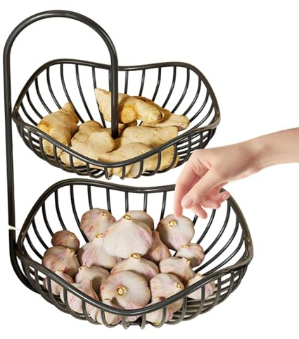 Cestino Portafrutta a Due Ripiani,Organizer in Metallo Nero Moderno | Cestino portafrutta a più piani per piano di lavoro | Per Cucina Dispensa Tavolo da Pranzo Aglio Patate e Snack e Verdure e Pane