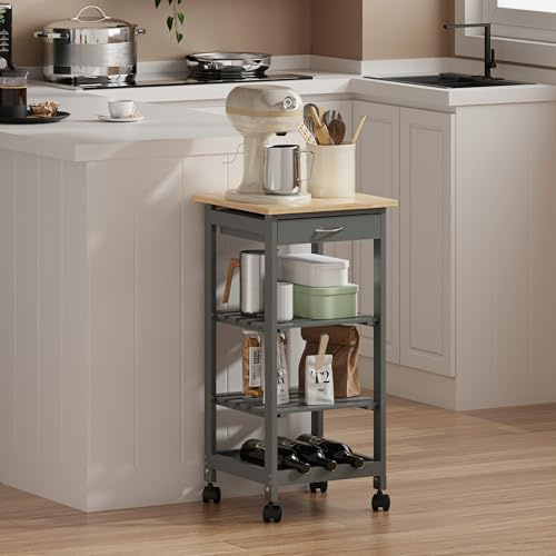 [en.casa] Carrello da Servizio Portaoggetti a Rotelle con 3 Ripiani e Cassetto Carrello Portatutto Multiuso Griglia Portabottiglie per Cucina Sala Bagno 76 x 37 x 37 cm - Grigio Scuro/Effetto Legno
