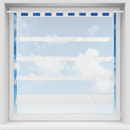 Bestgoodies Bistrogardine in transparent mit Raffoptik, einfarbige und lichtdurchlässige Voile-Scheibengardine mit Schlaufe, in vielen Größen verfügbar (100 x 110 cm/weiß - schneeweiß)