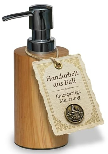 Wogeka Seifenspender Holz, Spülmittelspender in Braun, 110 ml, Seife09 | Massives Naturholz, Unikat mit individueller Maserung, für Flüssigseife und Spülmittel, 18 cm hoch, Ø 6–6,5 cm, ca. 0,18 kg