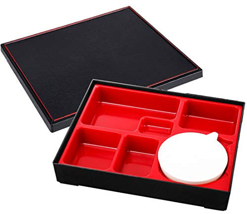 Together-life Japanese Bento Box, 5 Compartment Traditional Sushi Bento Box Lunch Box Plastic Snack Serving Tray with Lid Serving Dish Food Container for Home Restaurant Business Office Picnic