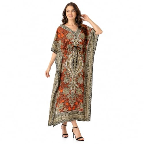 Art of Creation Women's Kaftan Dress Maxi Long Dress Night Gown Caftans Dresses 3/4 Sleeve Top Nightdress Plus Size Kaftans House Dresses Color-Orange