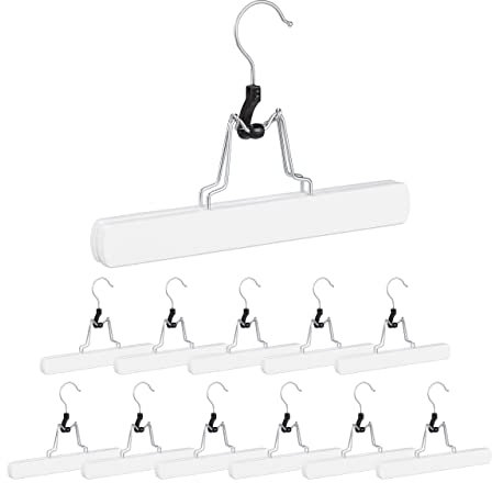 Relaxdays Hosenspanner Holz, 12 Stück, 360° drehbarer Haken, Filzschutz, HBT: 17 x 25 x 2,3 cm, Kleiderbügel Hose, weiß