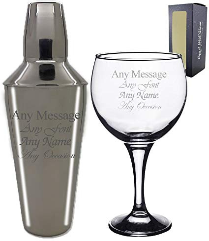 Personalised Engraved Cocktail Shaker with Strainer and Gin Balloon Glass, Perfect for Any Cocktail Lover, Great for Any Occasion