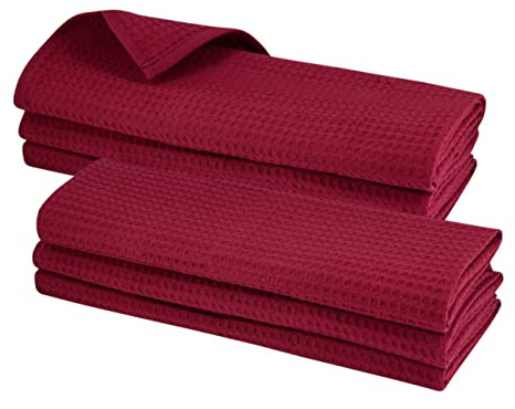 Daloual 6er-Pack Baumwolltücher in Weinrot, hochwertige Geschirrtücher im Set, aus 100% Baumwolle, mit Waffelpique-Webmuster, Größe: 70x50 cm, Putztücher, Poliertücher, Handtücher