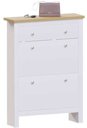Vida Designs Arlington Shoe Cabinet, Wooden Shoe Storage Unit with 1 slider & 2 Pull-Down Drawers, Multifunctional Dust-Proof Space-Saving Slim for Hallway or Entryway (White & Oak)