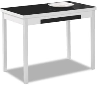 Astimesa - Mesa de Cocina Extensible con Tapa de Cristal, con 2 Alas y Cajón - Estructura de Metal Blanco - Color: Negro - Mesa Cerrada: 100 cm x 60 cm. Mesa extendida: 150 x 60 cm