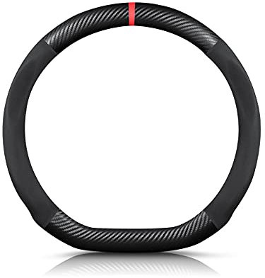 Ergocar D-shaped Carbon Fiber & Microfiber PU Leather Steering Wheel Cover Anti-slip Car Steering Wheel Protector Summer Breathable Sweat Absorbent Sport For Diameter 38cm（15）-Black Red