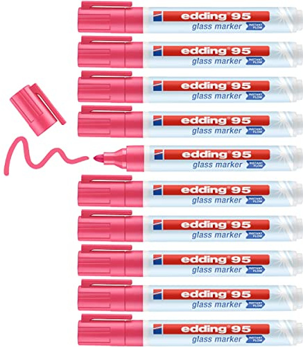 edding 95 Glasmarker - pink - 10 Stifte - Rundspitze 1,5-3 mm - zum Schreiben und Markieren auf Glasoberflächen wie Fenster, Glasboards, Whiteboards - trocken abwischbar