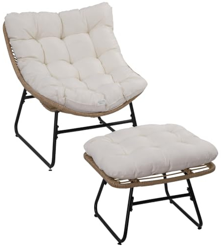 Outsunny Fauteuil Chaise de Jardin avec Coussins Moelleux Naturel | Repose-Pieds en Métal Époxy, Résine Tressée Aspect Rotin