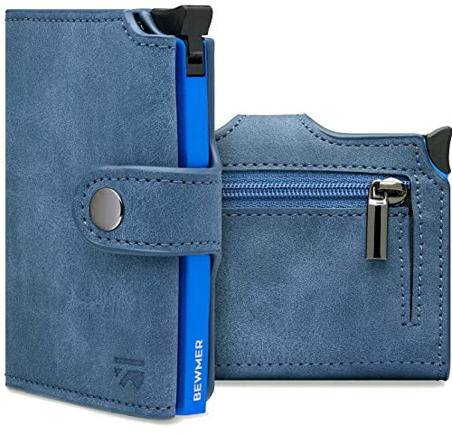 BEWMER v2 Kartenetui mit RFID-Schutz & Anti-Cloning - Damen & Herren Geldbörse mit Münzfach & Platz für 9 Kreditkarten | Kunstleder Portemonnaie Herren & Damen mit Clipverschluss | Hellblau-Blau