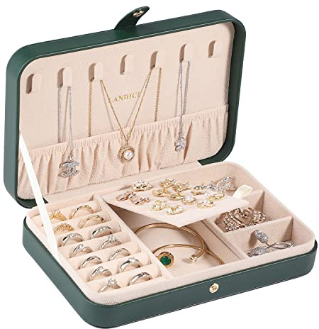 LANDICI Small Jewelry Box for Women Girls, PU Leather Travel Jewelry Organizer Case, Jewellery Storage Holder Display for Ring Earrings Necklace Bracelet Bangle Watch Men Kids Gift, Blackish Green